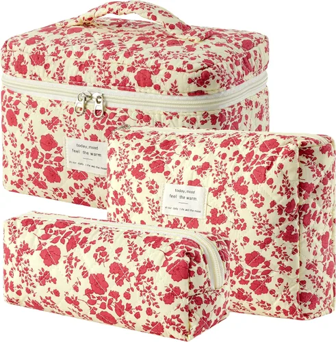 Vista 49 de HBselect Bolsa de Maquillaje Acolchada, 3 Piezas de Gran Bolsa de Maquillaje de Viaje de Algodón, Linda Bolsa de Maquillaje Floral Coquette, Bolsa