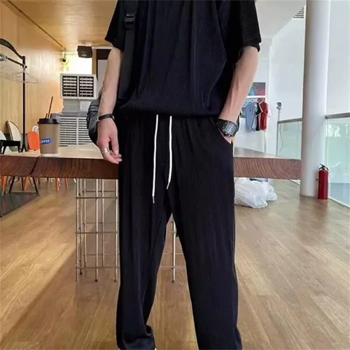 Vista 6 de Traje casual para hombre de seda de hielo Conjunto de seda de hielo suelto elástico para verano, pantalones deportivos (azul marino, 4XL)