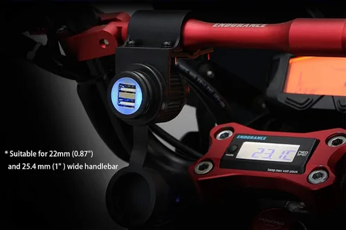 Vista 2 de Cliff Top Cargador USB para motocicleta, impermeable, doble puerto, 3.3A, 16.5W, adaptador USB para bicicleta, resistente para manillares de 7/8