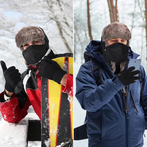 Vista 6 de 3 Pieces Trapper Hat Winter Hats Windproof Waterproof Fleece Neck Warmer Scarf Warm Winter Knit Touchscreen Gloves