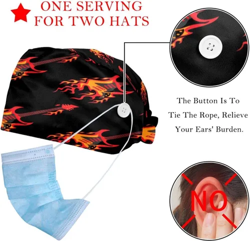 Vista 2 de 2 gorras de trabajo ajustables con botón, guitarra musical, flores coloridas, banda quirúrgica