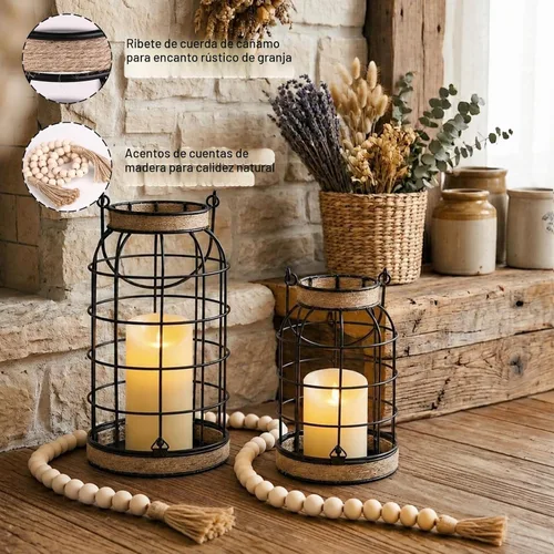 Vista 6 de Farol de vela rústico de granja, 2 faroles decorativos con velas