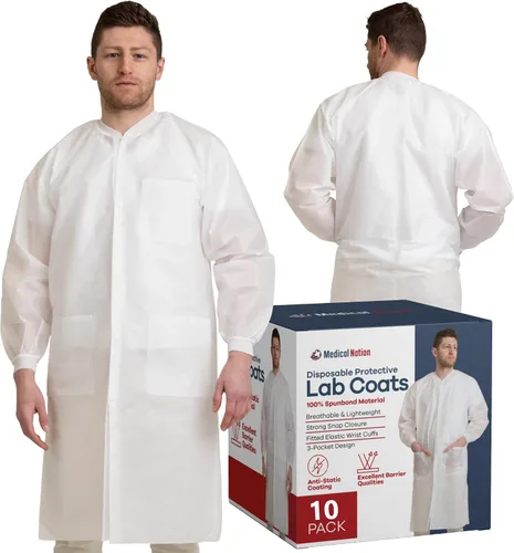 Vista 12 de Medical Nation Abrigos de laboratorio desechables de 1.76 oz/m², abrigo de laboratorio profesional hasta la rodilla, puños de punto, bolsillos Negro