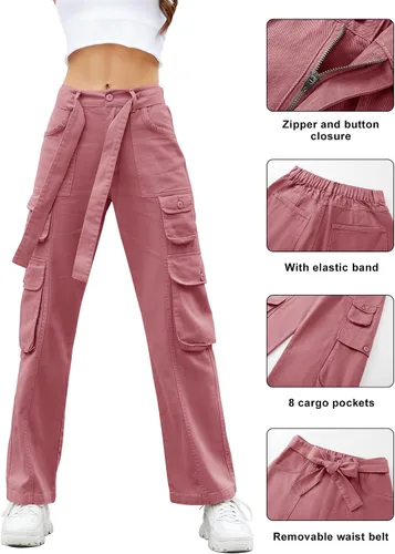 Vista 5 de Micoson Pantalones cargo para mujer con bolsillos, cintura alta, casual, rectos, pantalones Y2K