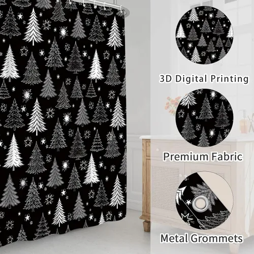 Vista 5 de Cortina de ducha con diseño de árbol de Navidad, color negro y blanco, diseño de árbol de Navidad retro, copo de nieve, diseño de pino de Año Nuevo