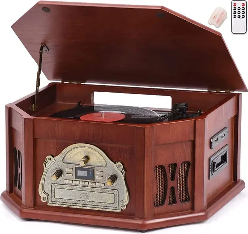 Vista 11 de ORCC Tocadiscos 10 en 1, tocadiscos nostálgicos para discos de vinilo con Bluetooth, 2 altavoces integrados, CD, cassette, radio AM/FM, USB, ranura