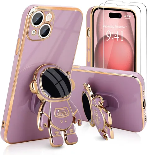 Vista 22 de Pepmune - Funda para iPhone 15 con soporte de astronauta 3D, color negro [2 Screen Protector], Luxury Electroplated Soft TPU Cover with Kickstand