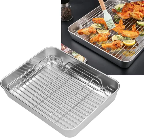 Vista 3 de Sartén para asar, bandeja rectangular para hornear y estante de acero inoxidable fácil para cocinar hornear (9.3 x 6.9 x 2.0 in)