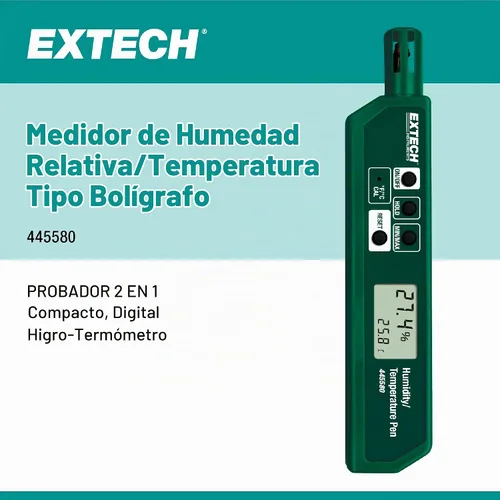 Vista 2 de Extech 445580 Medidor de humedad y temperatura de tamaño pluma con clip de bolsillo