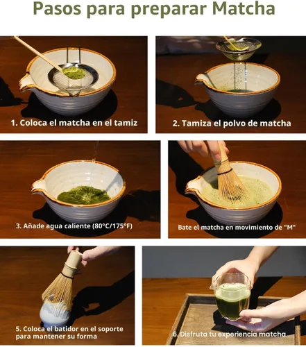 Vista 6 de Juego de batidor de matcha, juego de matcha, kit de matcha, cuenco de matcha con boquilla, cuchara, tamiz, batidor de bambú, soporte de Chasen
