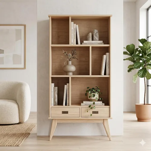 Vista 2 de SIMPLIHOME Draper - Estantería de madera maciza de 64 pulgadas de alto Rubio