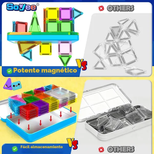 Vista 7 de Soyee Mini azulejos magnéticos de viaje, 60 piezas con estuche de lata de metal, juguetes esenciales de viaje, juguetes de viaje para niños