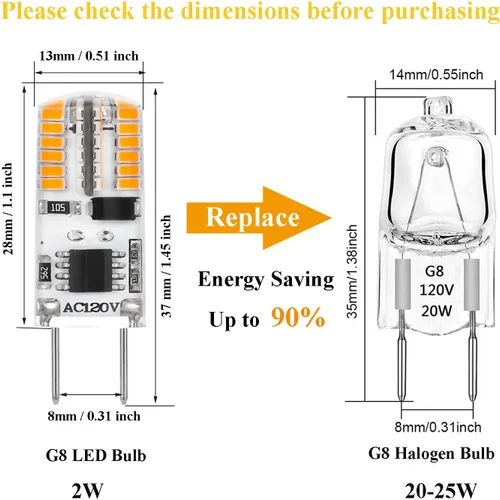 Vista 2 de Bombilla LED G8 regulable de 2 W, color blanco cálido, bombillas halógenas equivalentes a base bi-pin de 120 V, T4 JCD, repuesto de iluminación