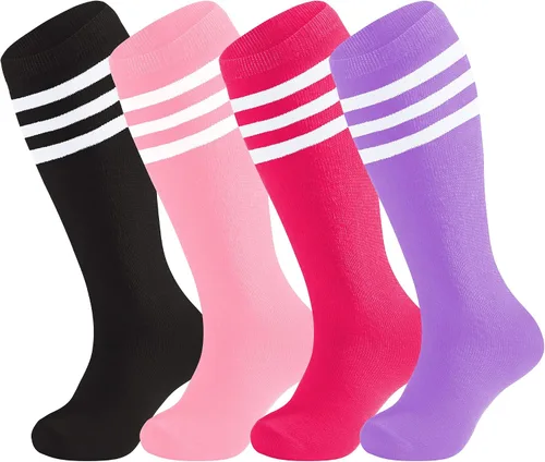 Vista 2 de UTTPLL 4 pares de calcetines de fútbol para niños y niñas, calcetines deportivos de béisbol, uniformes, rayas, hasta la rodilla, calcetines largos