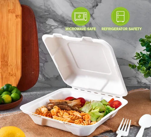 Vista 3 de ECOLipak Paquete de 50 recipientes de comida para llevar, 100% compostables, desechables, 8 x 8 pulgadas, cajas resistentes para llevar