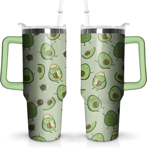 Vista 11 de Sunmdecor Vaso de 40 onzas con asa y pajitas de silicona, vaso aislado de café con asa, vaso de 40 onzas con asa