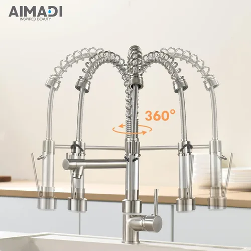 Vista 5 de AIMADI - Grifo de cocina con rociador desplegable, grifo de cocina comercial de arco alto, de una sola manija, de acero inoxidable con níquel Níquel