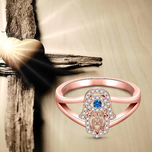 Vista 5 de Hamsa - Anillo para el mal de ojo para mujer, anillo de plata de ley con mano de Fátima, oro rosa, protección espiritual de la buena suerte, amuleto