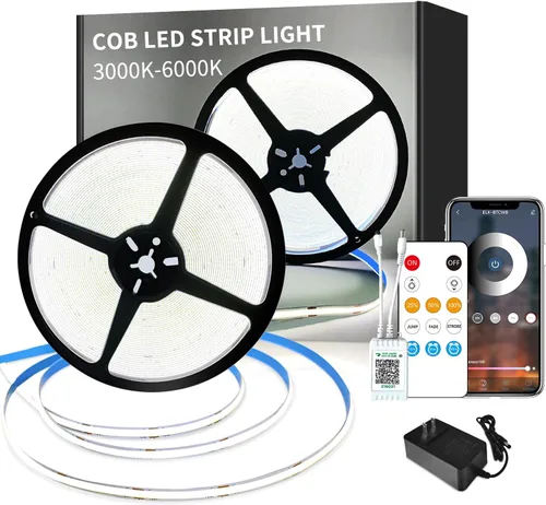 Vista 13 de COB - Tira de luces LED de 32.8 pies, 3000 K, blanco cálido, regulable, CC de 24 V, cinta de luces LED flexibles para dormitorio, con control remoto