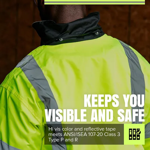Vista 3 de Pioneer Hi Vis Work Jacket for Men - Waterproof Safety Bomber with Reflective Tape- Meets ANSI Class 3 - Winter Rain Jacket with Detachable Hood