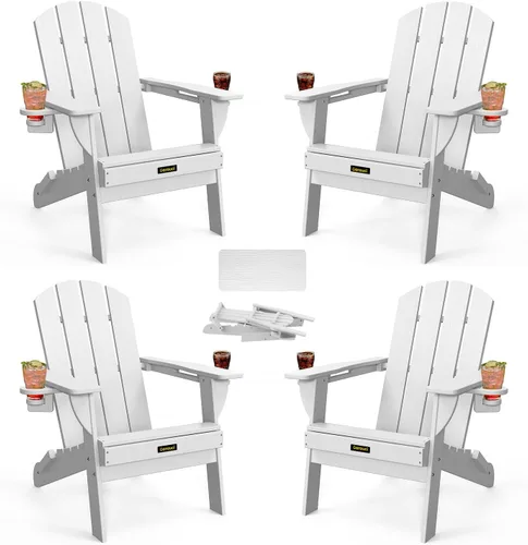 Vista 26 de Silla Adirondack Plegable, Sillas Adirondack de Plástico con Textura de Madera con 2 Portavasos, Silla para Hoguera de HDPE Resistente a