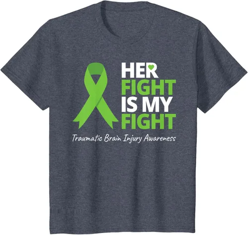 Vista 16 de Camiseta con cinta verde de la conciencia de la TBI, con texto en inglés "Her Fight Is My Fight" Jaspeado Oscuro