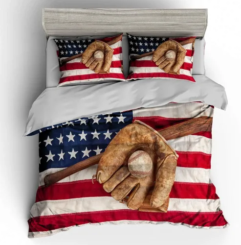Vista 3 de Juego de ropa de cama de béisbol para niños, juego de edredón de bandera estadounidense con temática deportiva, tamaño individual, decoración