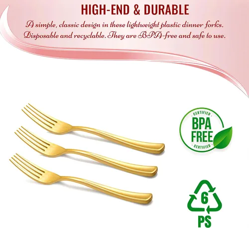 Vista 4 de Kaya Tenedores de plástico dorado metálico brillante (paquete de 24) – Tenedores de ensalada desechables, cubiertos de primera calidad y suministros