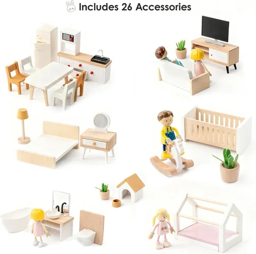 Vista 4 de Casa de muñecas de madera para niños, juego de casa de muñecas de juguete de estilo moderno de 6 habitaciones