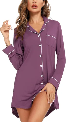 Vista 69 de Samring Camisón de pijama para mujer, manga corta/larga, con botones, camisón para dormir, camisón para novio, talla XXL
