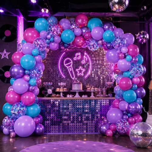Vista 6 de Globos de látex rosa intenso, azul, morado, 50 globos de látex de 12 pulgadas con confeti metálicos para niños, temática mágica, cumpleaños, baby
