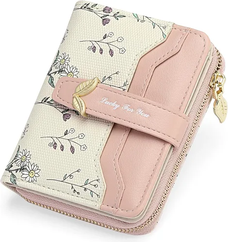 Vista 9 de GAEKEAO - Billetera pequeña para mujer con bloqueo RFID, de cuero vegano, plegable, con estampado floral, monedero con bolsillo con cremallera