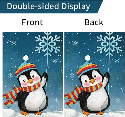 Vista 6 de Bandera de jardín de Navidad de bienvenida de pingüinos de invierno, 12 x 18 pulgadas, de arpillera de doble cara, bufandas de copos de nieve