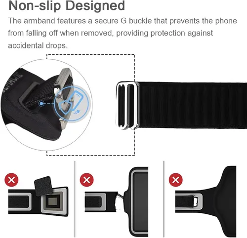 Vista 4 de Brazalete de running para iPhone 17 16 15 14 13 Pro Max/Plus, Samsung Galaxy S26 S25 S24 Ultra/Plus, bolsa de brazo con hebilla G (negro, S)