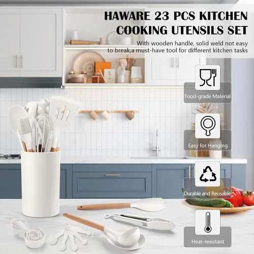 Vista 10 de Juego de utensilios de cocina HaWare, juego de espátulas de silicona de 23 piezas con soporte, utensilio de cocina con mango de madera resistente al