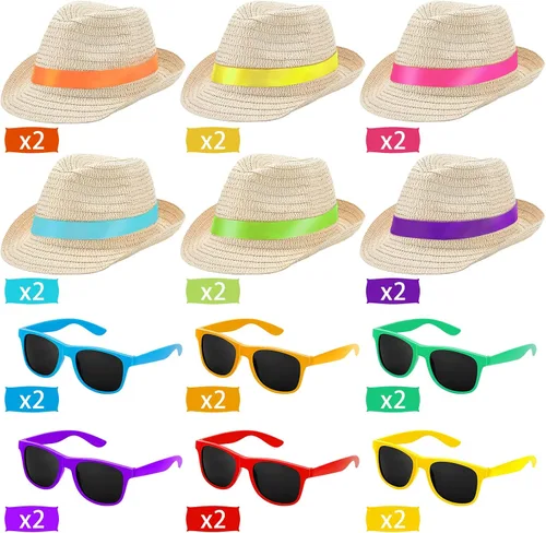 Vista 3 de Newcotte Sombreros de fiesta, sombreros de paja, sombrero Fedoraa a granel, sombreros de fiesta cubanos de la Habana con gafas de sol hawaianas