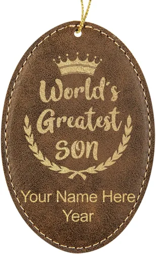 Vista 9 de LaserGram Personalized Christmas Ornament, World's Greatest Son, Faux Leather, Custom Laser Engraved Gift Idea (Oval Shape, Black with Gold)