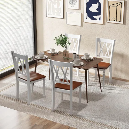Vista 6 de Giantex Juego de 2 sillas de comedor blancas de madera con asiento de madera de goma, patas de madera de acacia, carga máxima de 360 libras, sillas