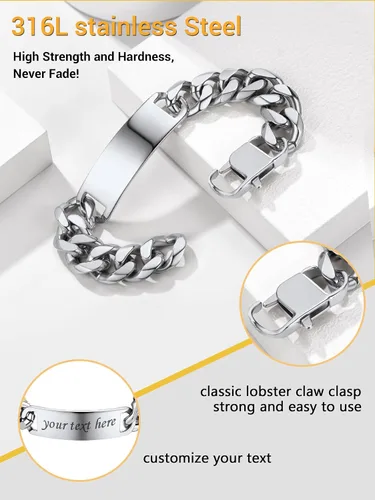 Vista 5 de PROSTEEL Pulsera de acero inoxidable para hombres y mujeres, elegantes pulseras de eslabones cubanos, chapado en oro negro de 18 quilates, ancho