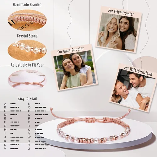 Vista 3 de Btysun Pulseras con código morse para mujeres, adolescentes, niñas, regalos rosados, pulseras trenzadas inspiradoras para mejores amigas, regalos
