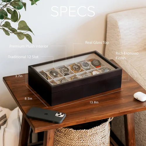 Vista 3 de CASE ELEGANCE Caja organizadora de reloj de madera expreso con monograma de 12 ranuras con tapa de cristal