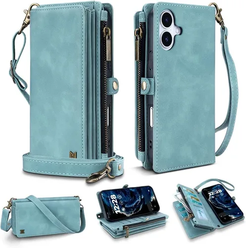 Vista 61 de Funda tipo cartera para iPhone 16 Pro Max con 8 tarjeteros, bloqueo RFID, piel sintética, función atril, abatible, correa de muñeca y correa