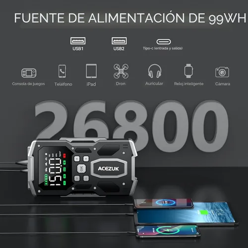 Vista 3 de ACEZUK - Arrancador portátil para automóvil con compresor de aire, 150PSI 8000A (todo gasolina/10.0L diesel), batería de 12 V, batería de arranque