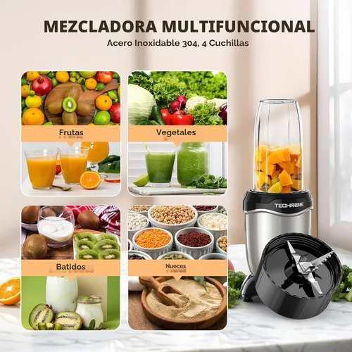 Vista 4 de TechRise Licuadora personal de 600 W, licuadora de batidos con 2 vasos portátiles de 17 onzas con tapas para sorbos, hoja de acero inoxidable