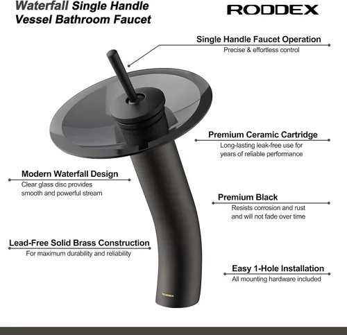 Vista 3 de Grifo de Baño de Cascada de Vidrio con Mango Único de Latón Macizo para Lavabo Lavatorio Vessel Sink Vanity, Alto, Negro