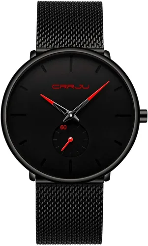 Vista 7 de CRRJU Reloj de cuarzo analógico delgado para hombre, reloj de pulsera con esfera negra con correa de malla