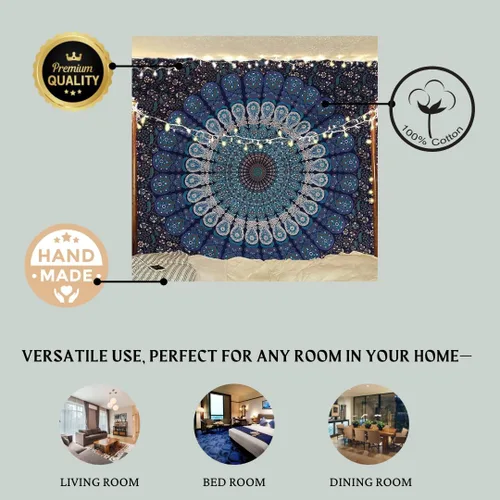 Vista 4 de Tapiz hippie indio bohemio psicodélico dorado azul pavo real mandala colgante en la pared (negro blanco, Queen (84 x 90 pulgadas) (84.6 x 90.6 in)