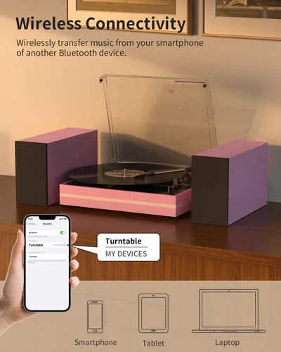 Vista 4 de Reproductor de discos de vinilo con dos altavoces externos, tocadiscos de transmisión por correa para discos de vinilo, altavoces estéreo duales