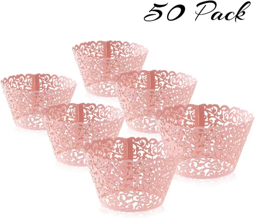 Vista 6 de Tinksky Envolturas para cupcakes cortadas con láser, decoración de boda y ducha, paquete de 50 (rosa)