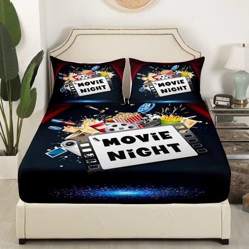 Vista 2 de Erosebridal Sábana bajera ajustable de noche de cine tamaño individual para niños y niñas, decoración de cine en casa, sábanas para amantes